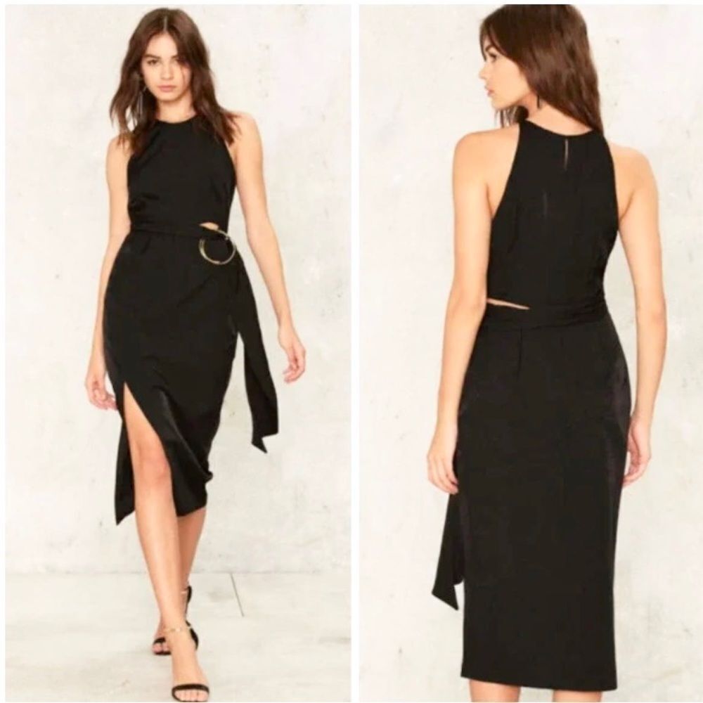 NEW Stylestalker Maia black cutout ring detail front slit sheath midi dress S